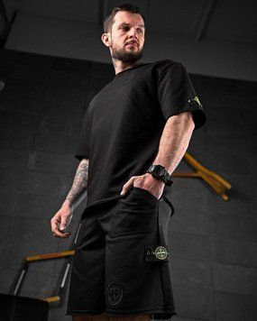 Тактичний костюм stone чорний,шорти футболка stone island,літній костюм для військових,військовий костюм чорний 88010 фото