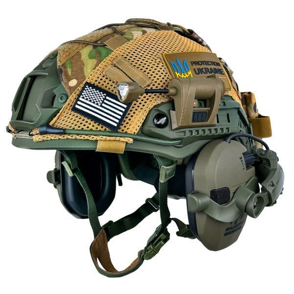 Шолом тактичний олива Fast Helmet NIJ IIIA + Навушники Walkers Razor Slim з чебурашкою +&nbsp;ліхтарик + кавер розмір S Fast17 фото