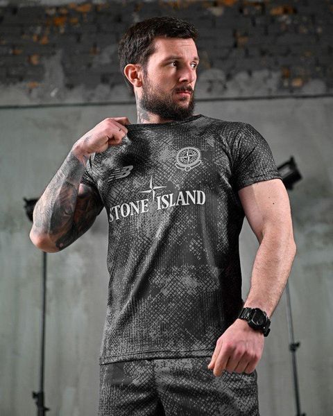 Летний комплект Stone Island, летний чёрный костюм, костюм чёрный футболка шорты Stone Island, милитари костюм Stone Island 87456 фото