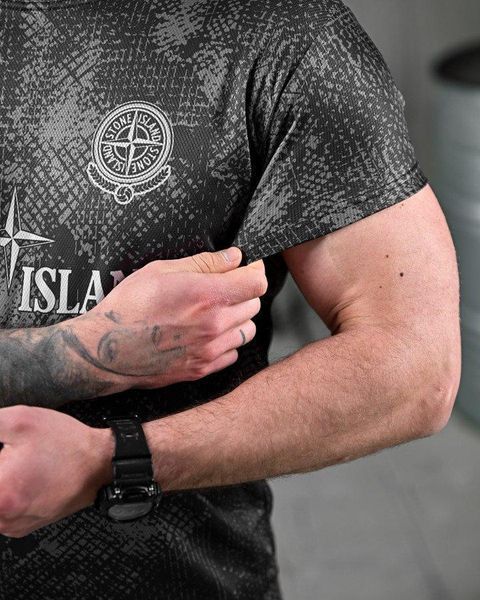 Летний комплект Stone Island, летний чёрный костюм, костюм чёрный футболка шорты Stone Island, милитари костюм Stone Island 87456 фото