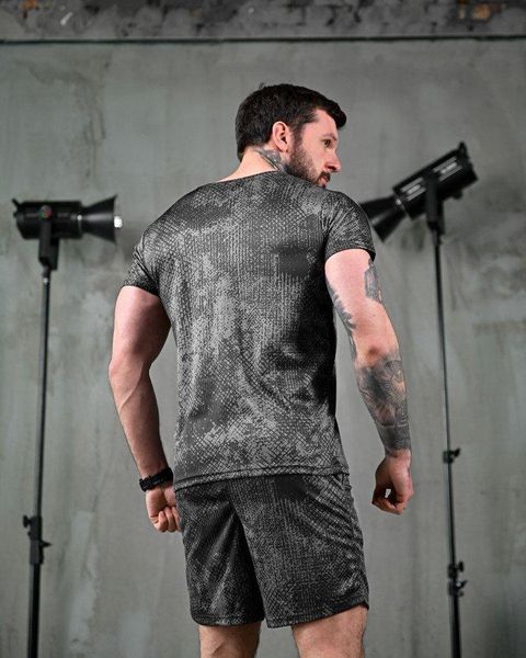 Летний комплект Stone Island, летний чёрный костюм, костюм чёрный футболка шорты Stone Island, милитари костюм Stone Island 87456 фото