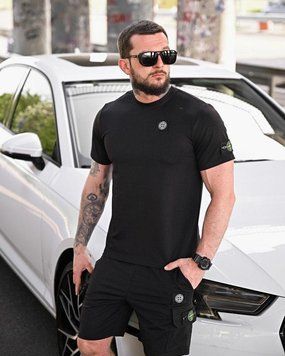 Летний костюм Stone Island чёрный, чёрный летний комплект, мужской чёрный летний костюм Stone Island, костюм чёрный футболка шорты 92748 фото
