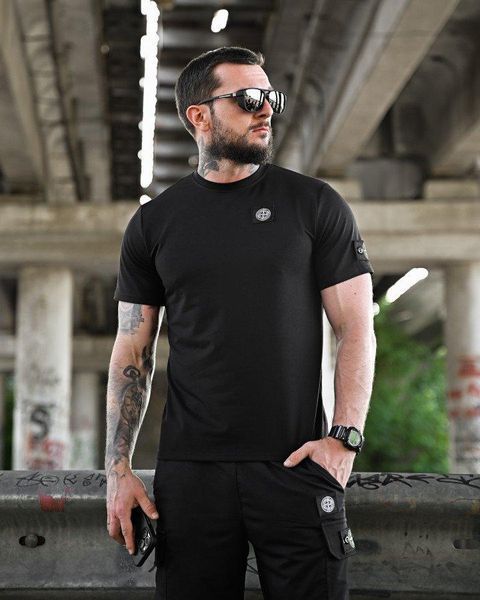 Летний костюм Stone Island чёрный, чёрный летний комплект, мужской чёрный летний костюм Stone Island, костюм чёрный футболка шорты 92748 фото